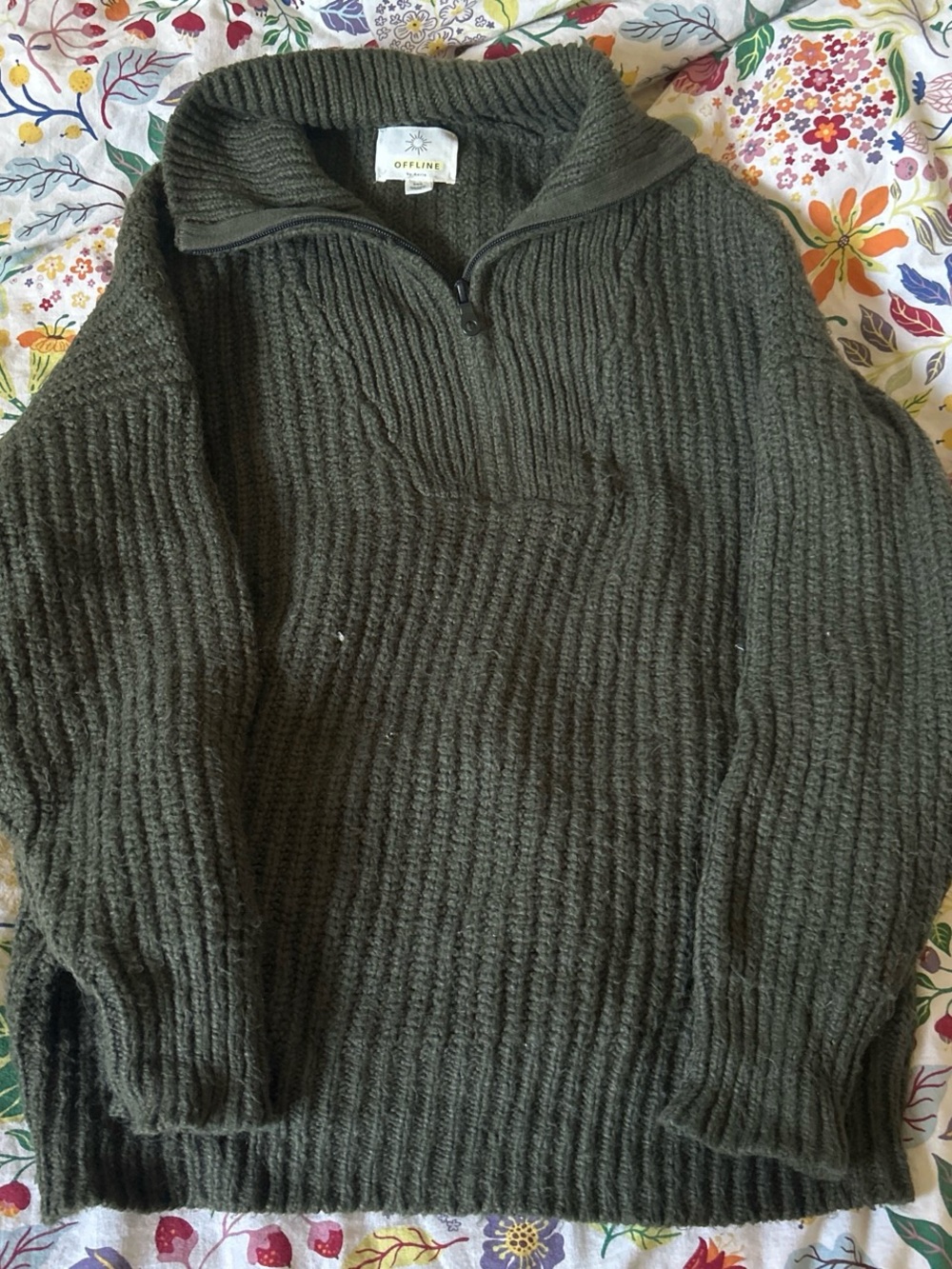 aerie Olive Green Quarter-Zip Ribbed Knit Sweater